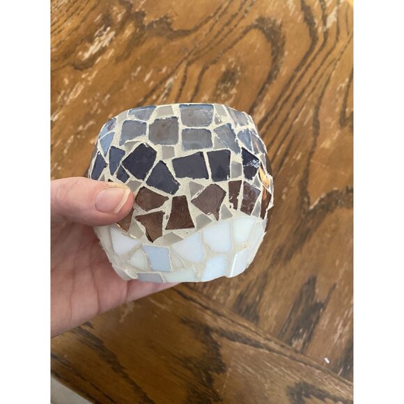 Home Interior Mosaic Glass Candle Holder Set With Blue & Brown Stained Glass Des - Picture 2 of 5